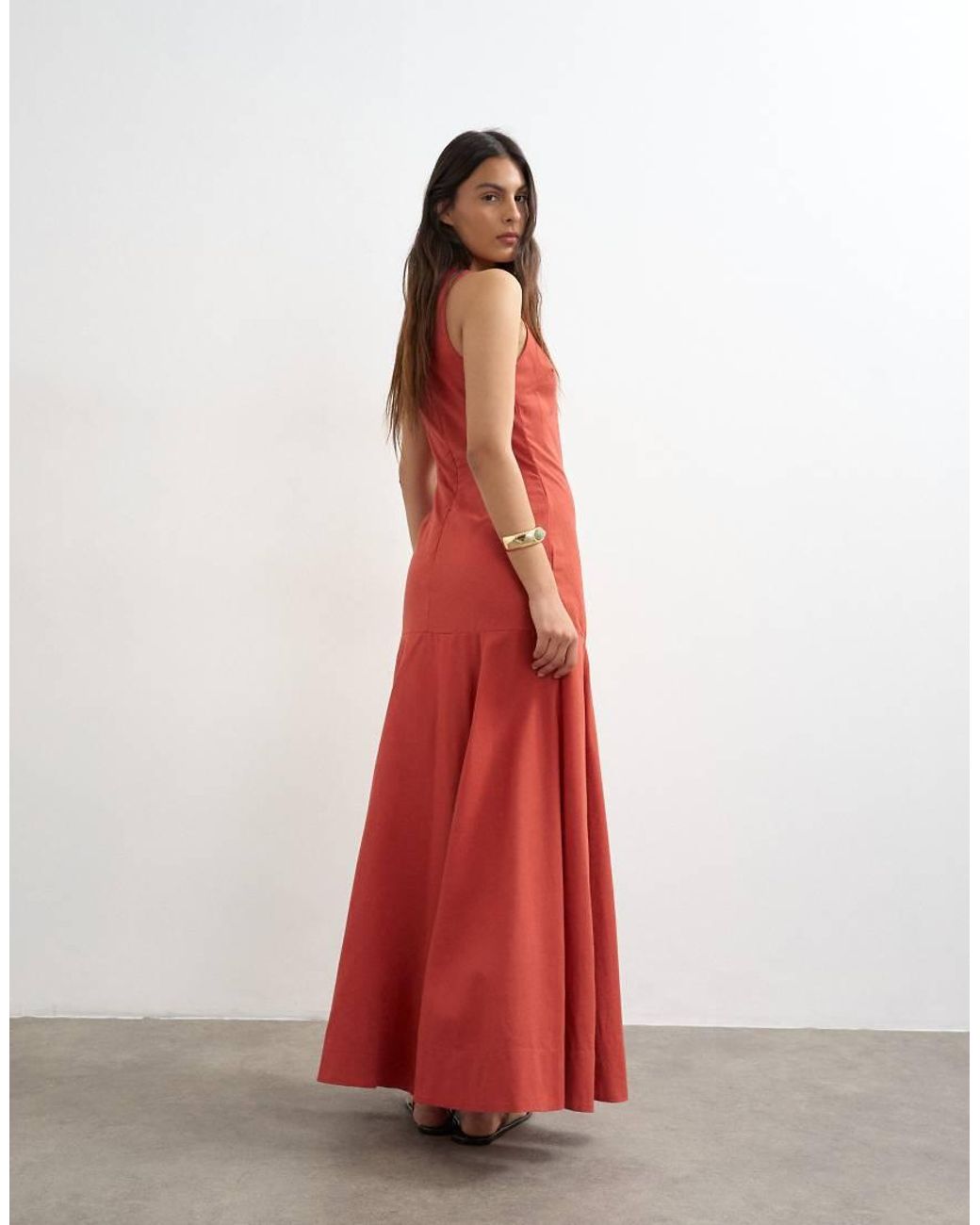 TOPSHOP Red Dropped Waist Full Circle Hem Midi Dress