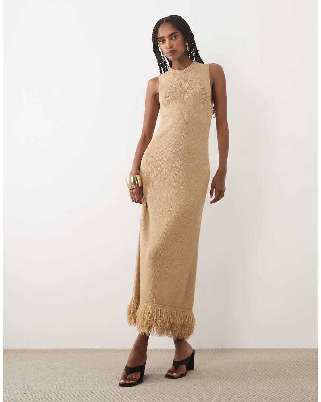 Pretty Lavish Natural Cameron Knit Sleeveless Racer Neck Tassel Hem Maxi Dress