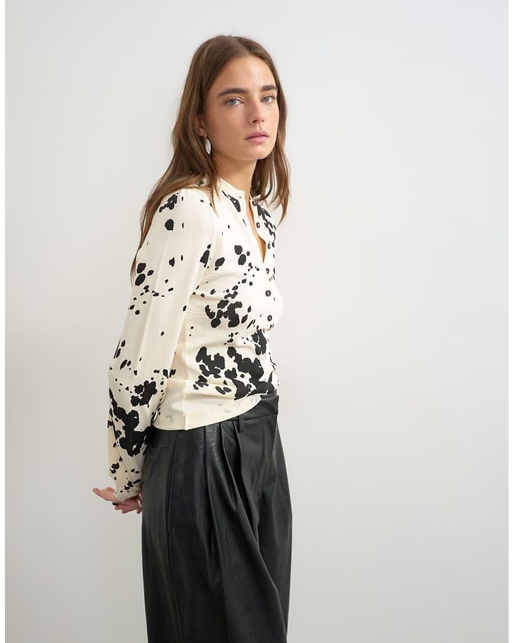 TOPSHOP White Knitted Animal Print Sheer Henley Top