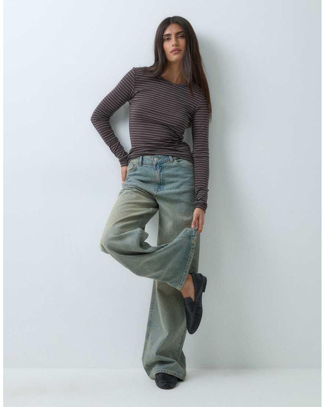 Gina Tricot Brown Jersey Rib Round Neck Long Sleeve Top