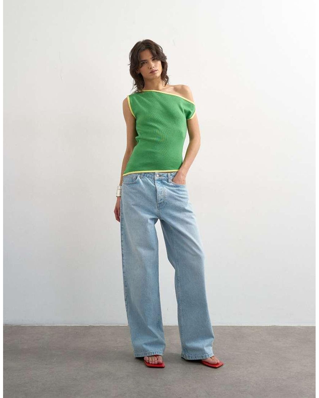 TOPSHOP Green Knitted Asymmetric Off Shoulder Top