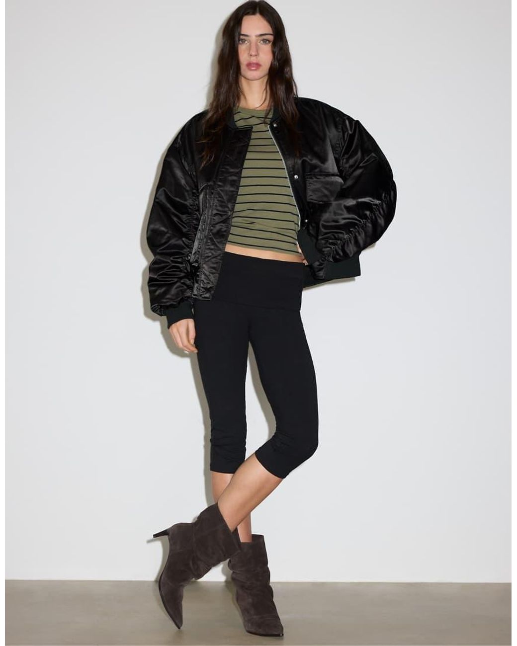 Stradivarius Black Oversize Satin Bomber Jacket