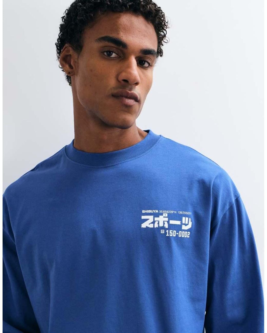 ASOS Blue Boxy Oversized Long Sleeve T-shirt With Sport Graphic for men