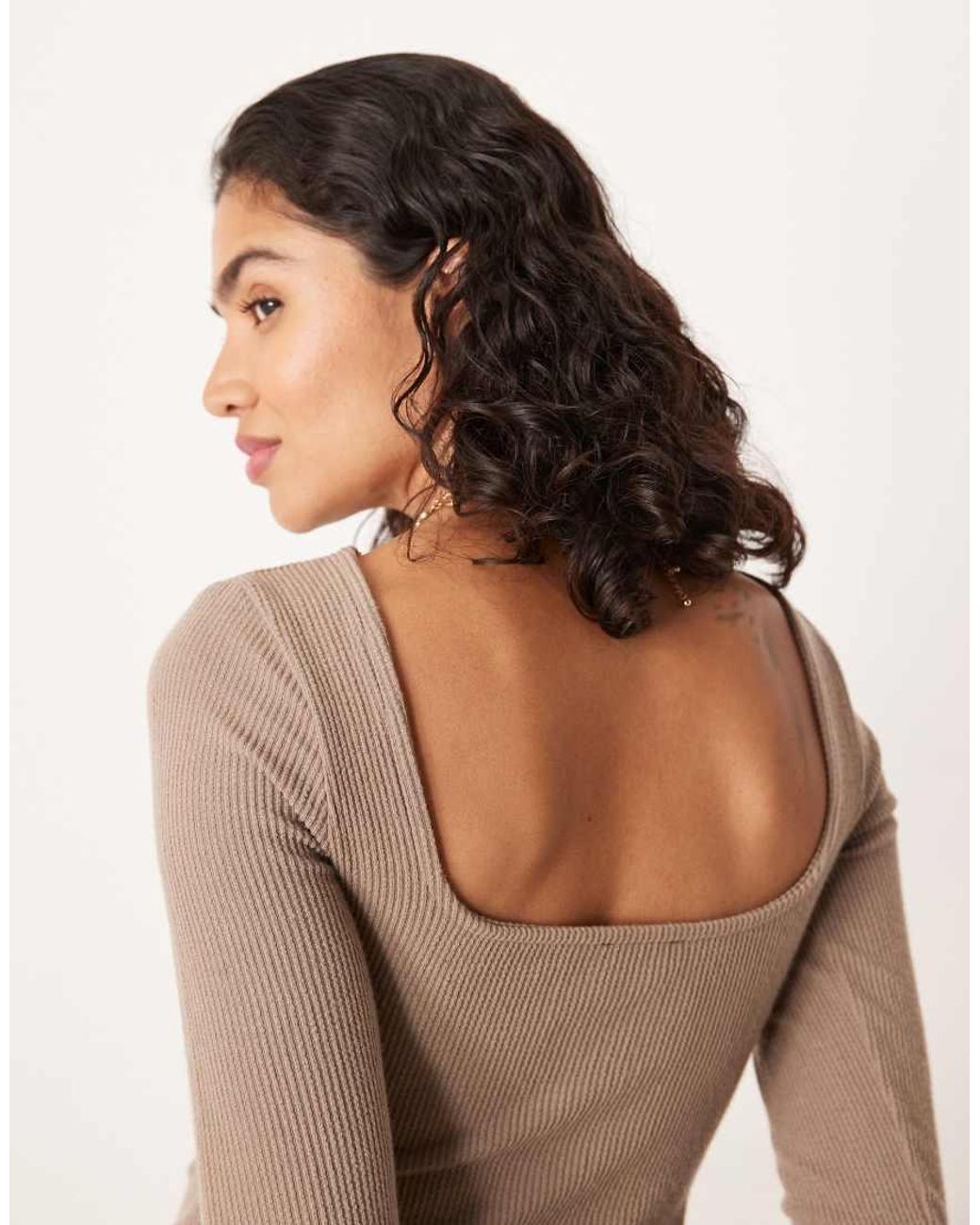 ASOS Natural Long Sleeve Scoop Back Hybrid Midi Dress