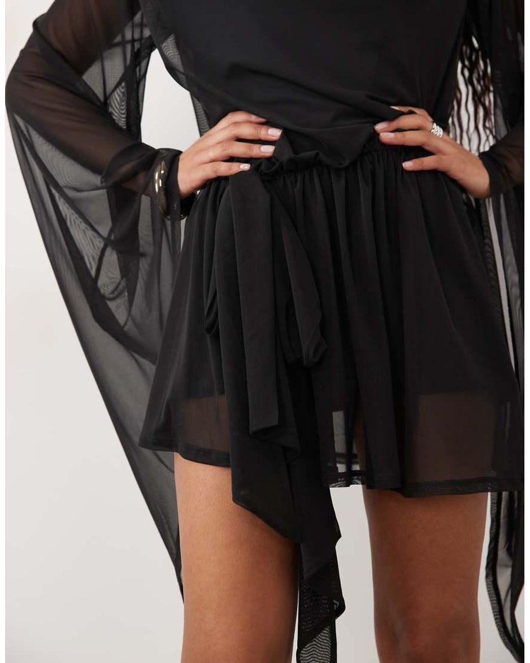 ASOS Black Mesh Tie Side Mini Dress With Extreme Sleeve