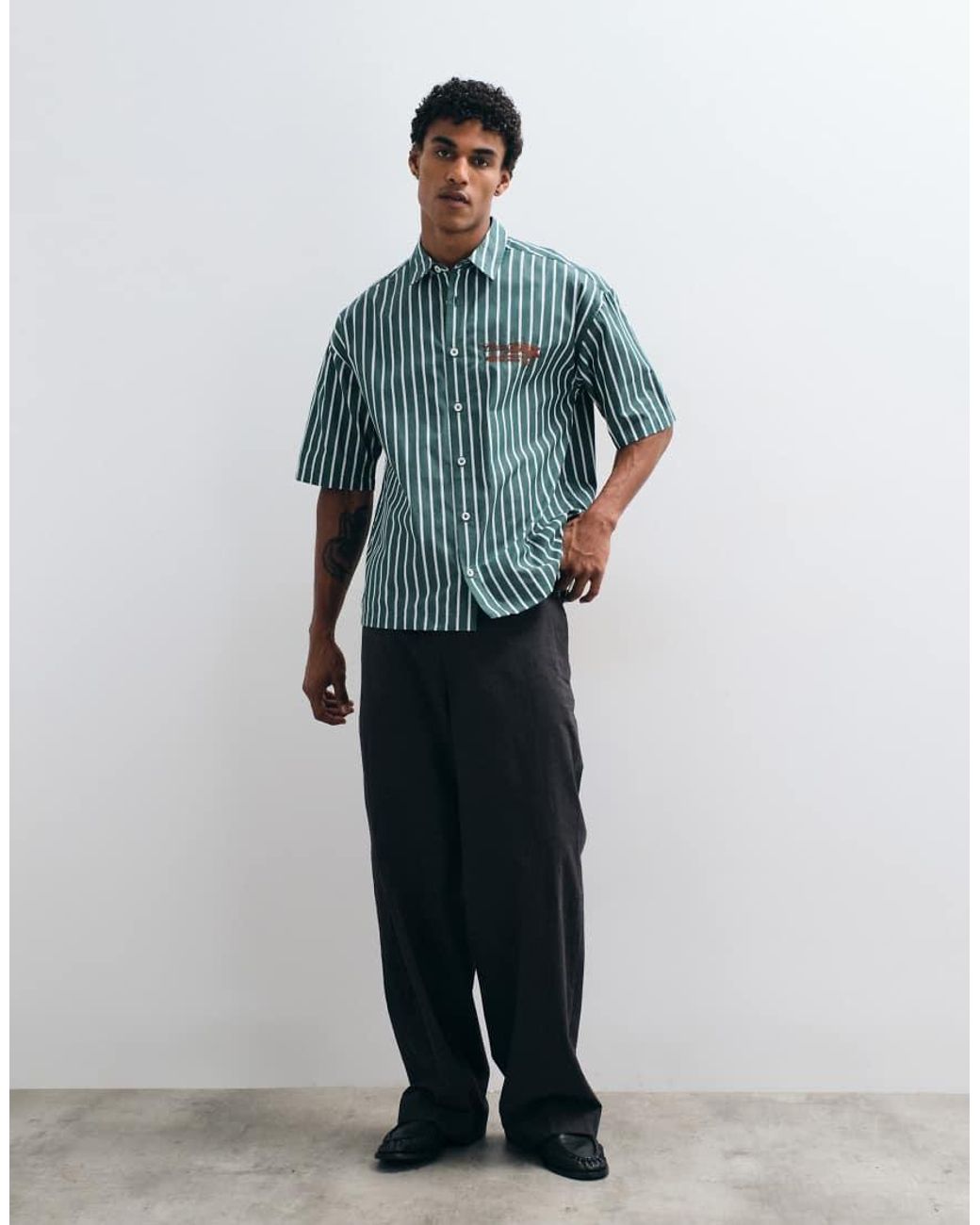ASOS Green Boxy Oversized Stripe Shirt With Chest Embroidery for men