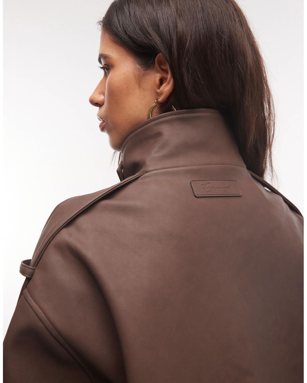 CERNUCCI Brown Boxy Faux Leather Funnel Neck Jacket
