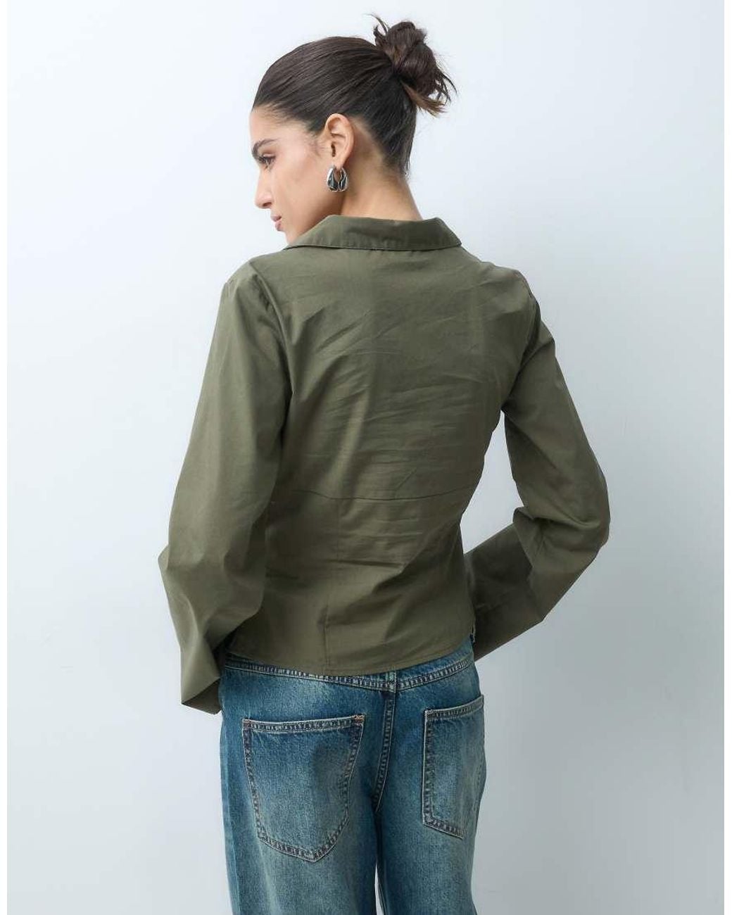 Gina Tricot Green Keyhole Cinched Waist Long Sleeve Shirt