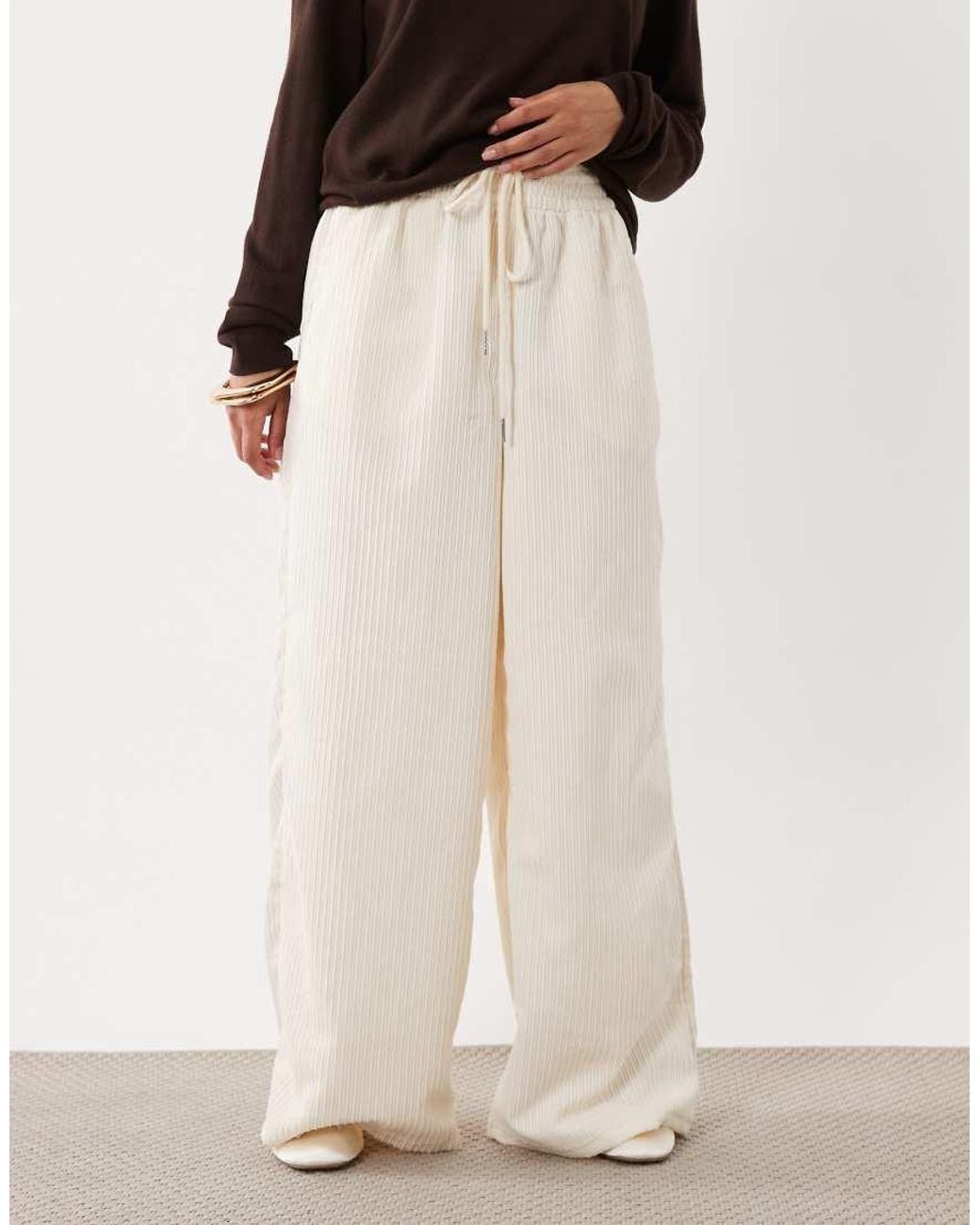 ASOS Natural Asos Design Petite Pull On Waist Wide Leg Cord Trousers