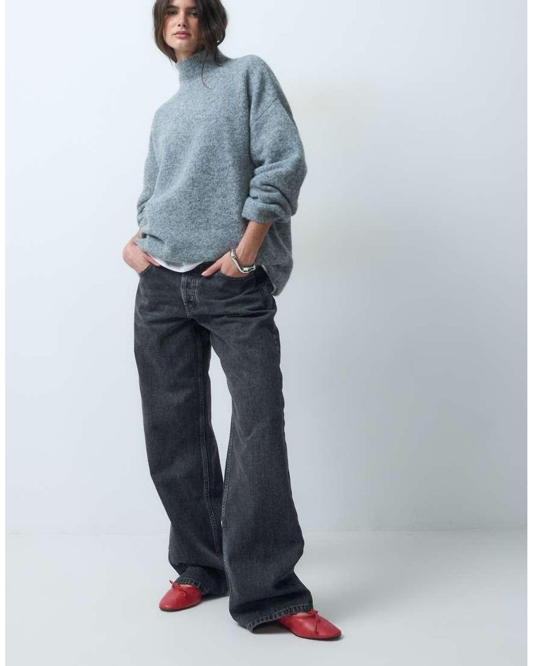 ASOS Blue Relaxed Fluffy Funnel Neck Jumper With Wool