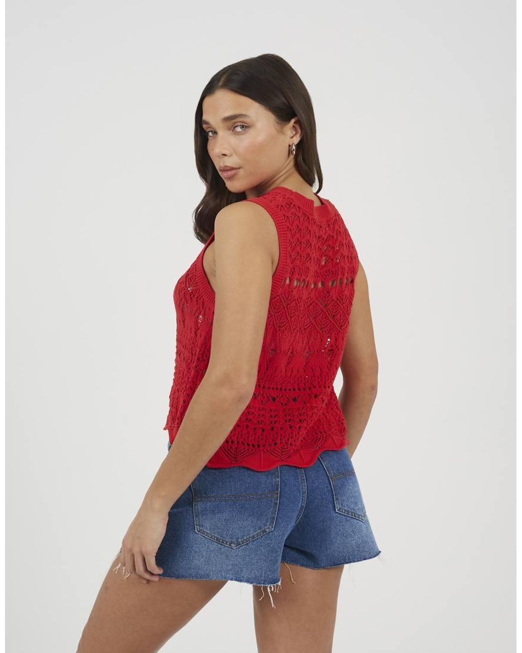 Brave Soul Red Crew Neck Pointelle Knit Tank