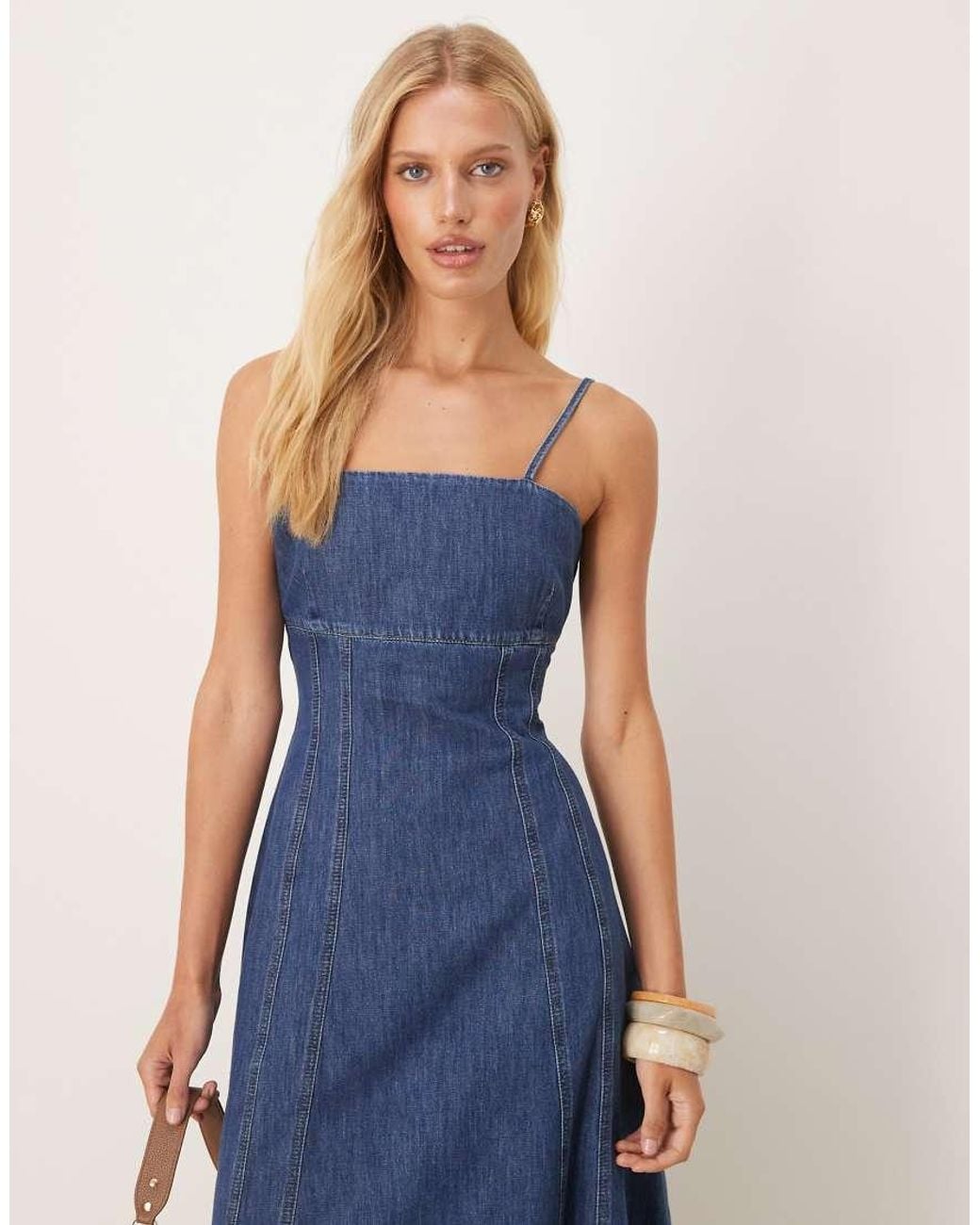 ASOS Blue Chambray Denim Maxi Dress With Cinch Waist Seams