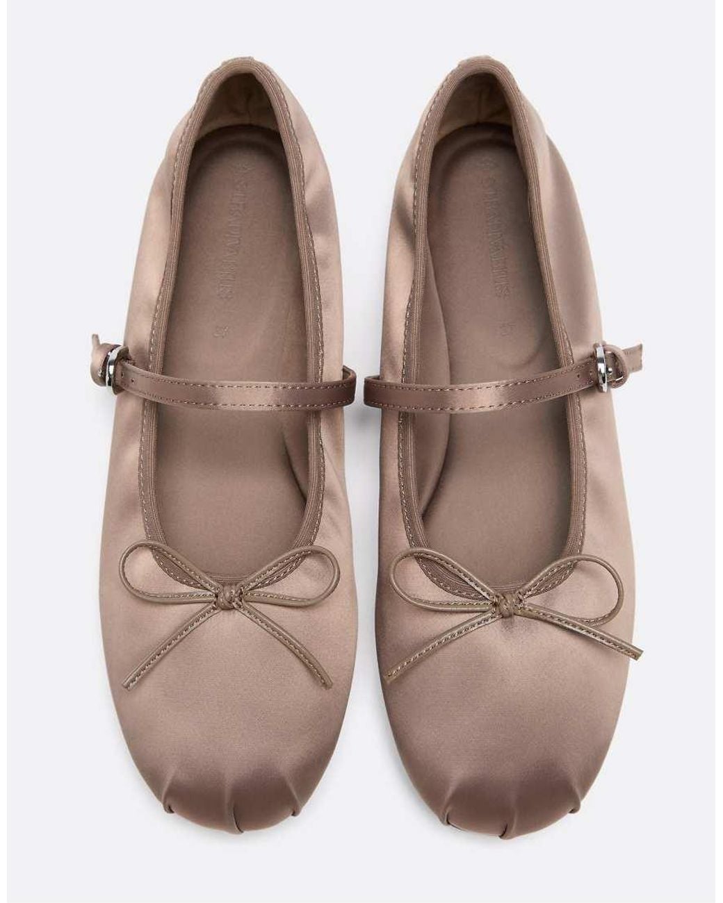 Stradivarius White Satin Buckle Ballet Flats