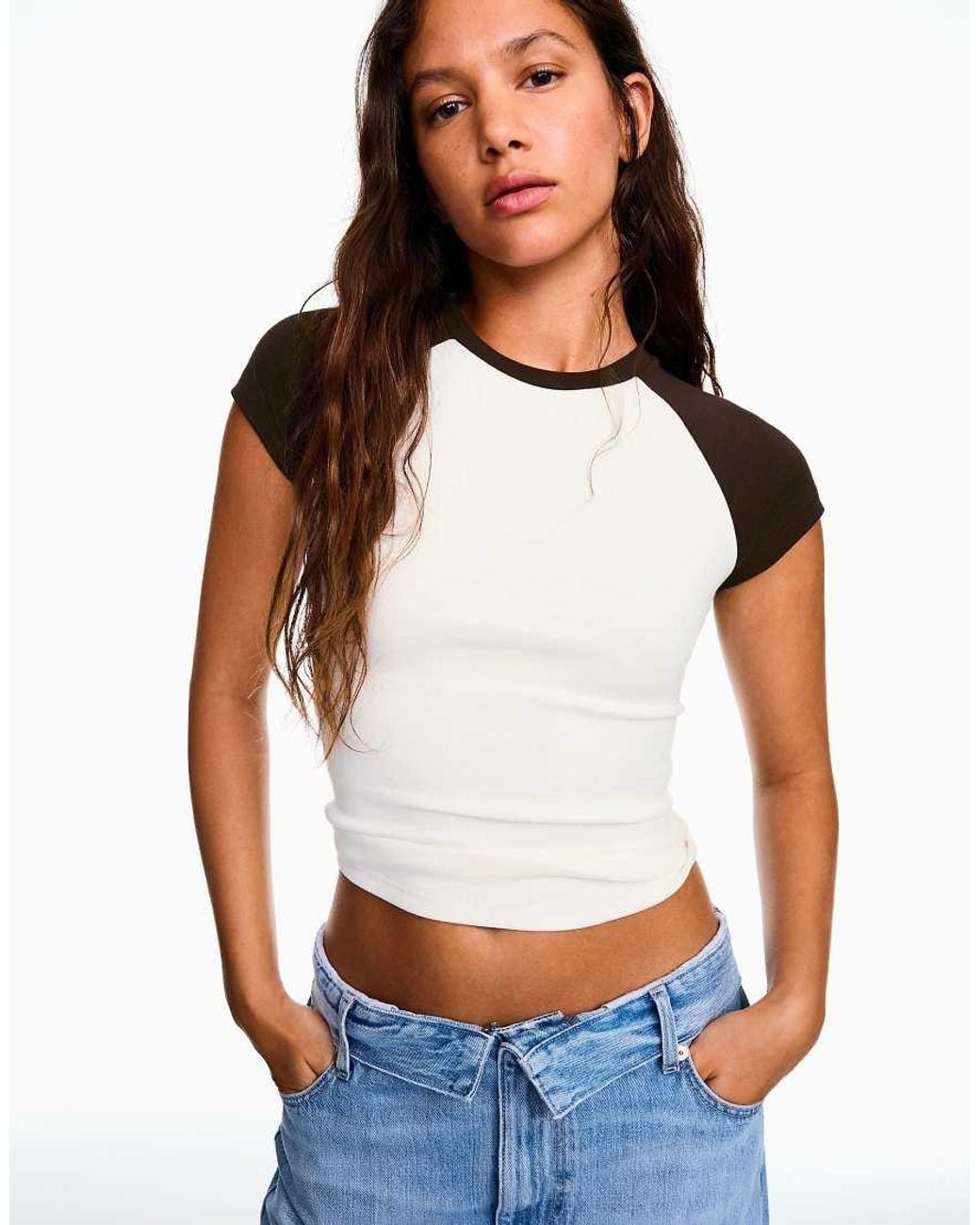 Bershka White Fitted Raglan T-Shirt
