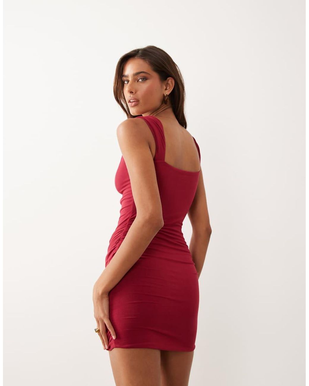 Oh Polly Red Modal Sweetheart Corset Detail Ruched Skirt Mini Dress