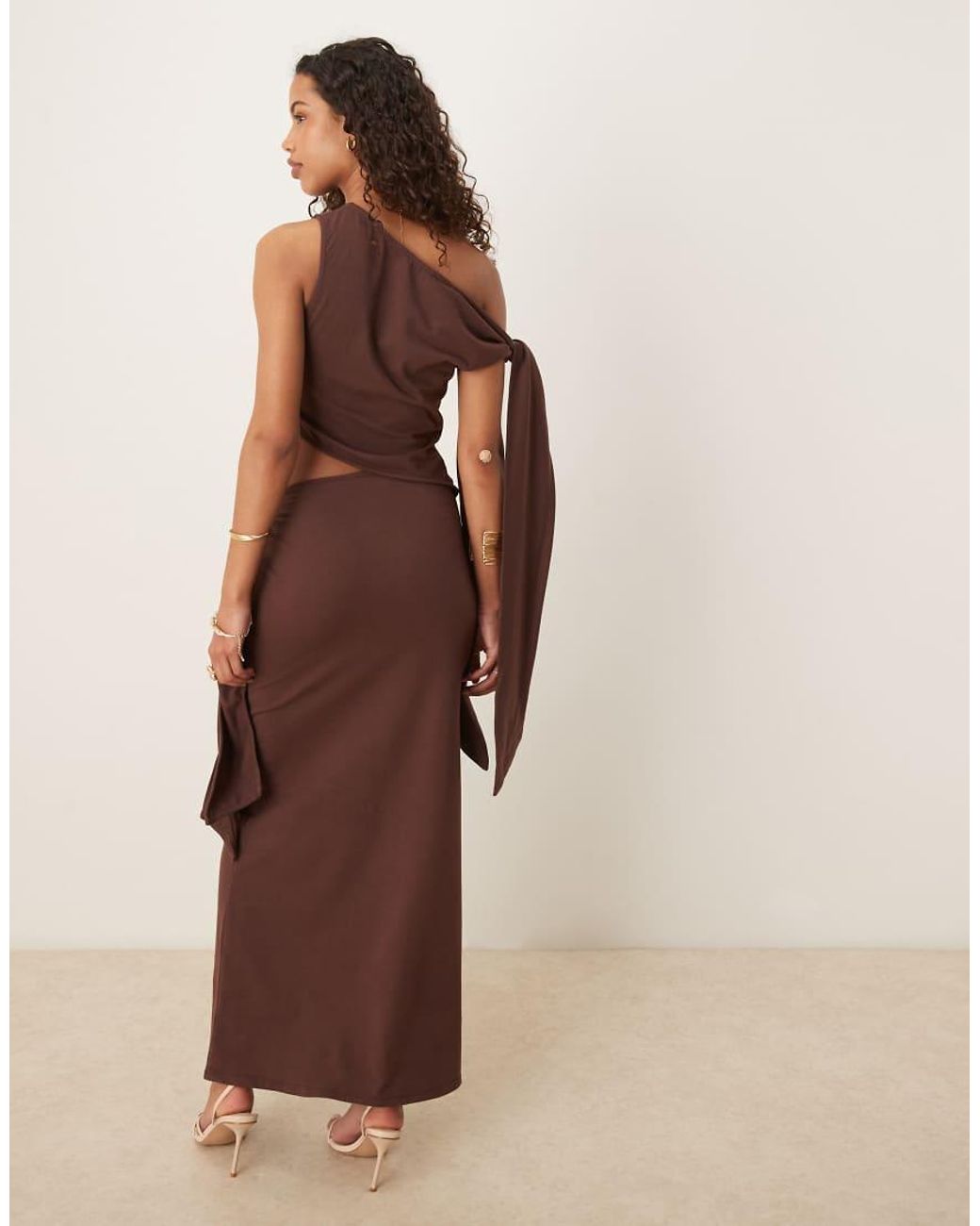 ASOS Brown Fallen Shoulder Midi Dress With Tie Detail