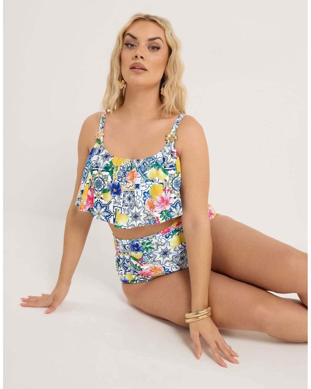 Yours Clothing Blue Mediterranean Frill Bikini Top
