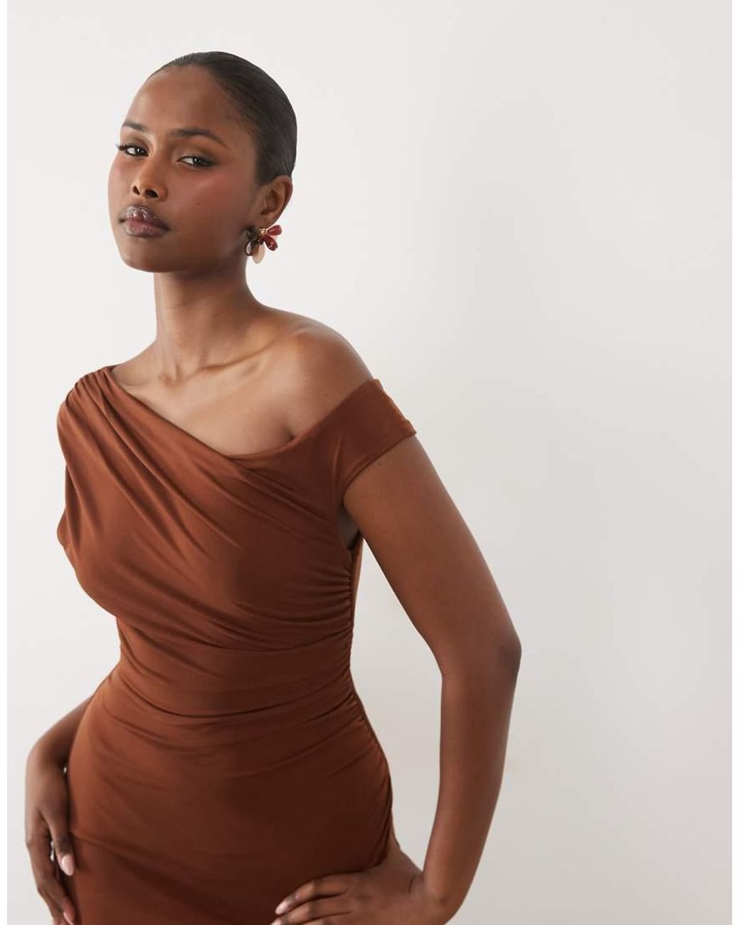 TFNC London Brown Slinky Fallen Shoulder Thigh Split Maxi Dress