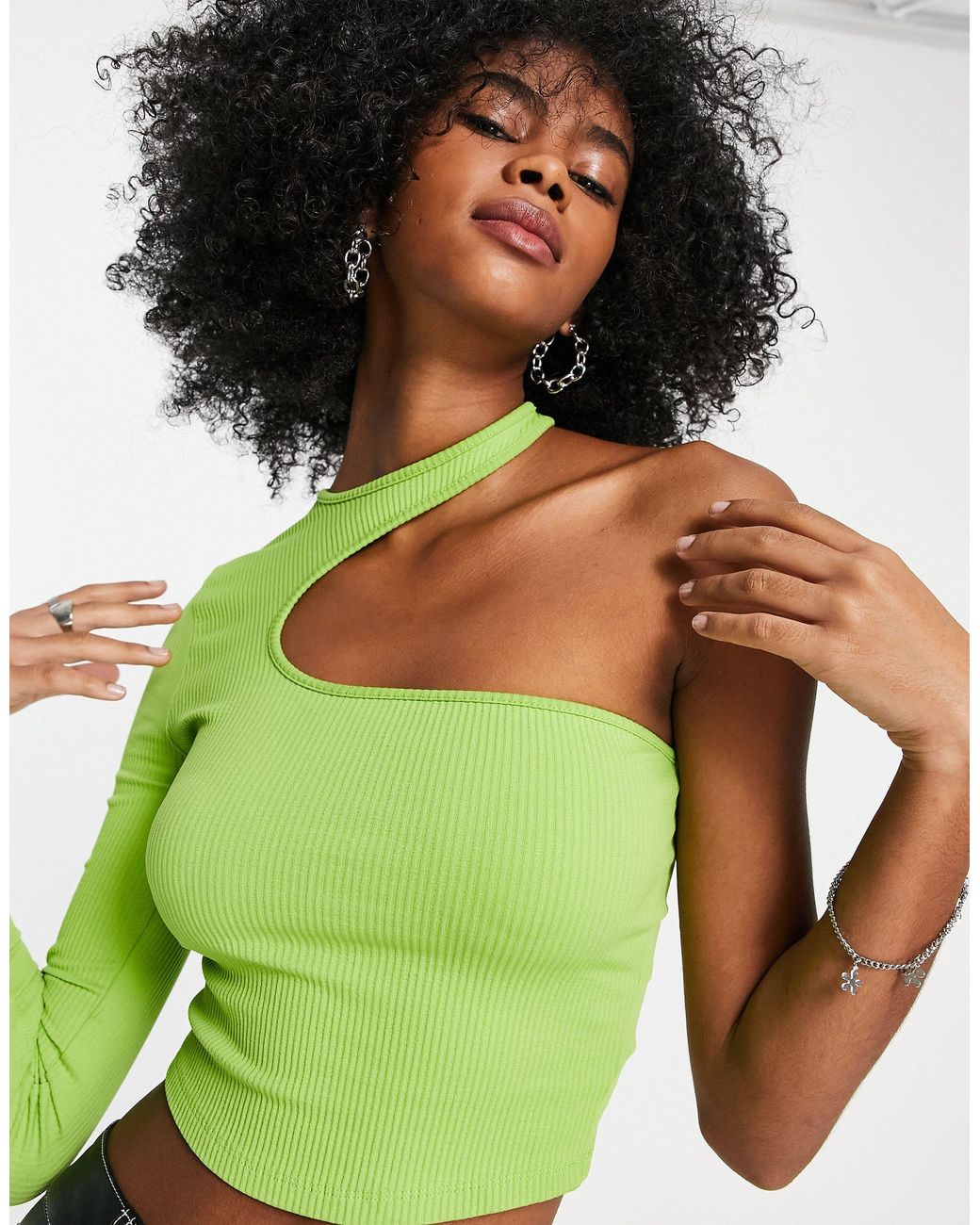 Bershka Ribbed Cut Out Asymetric Top in Green | Lyst