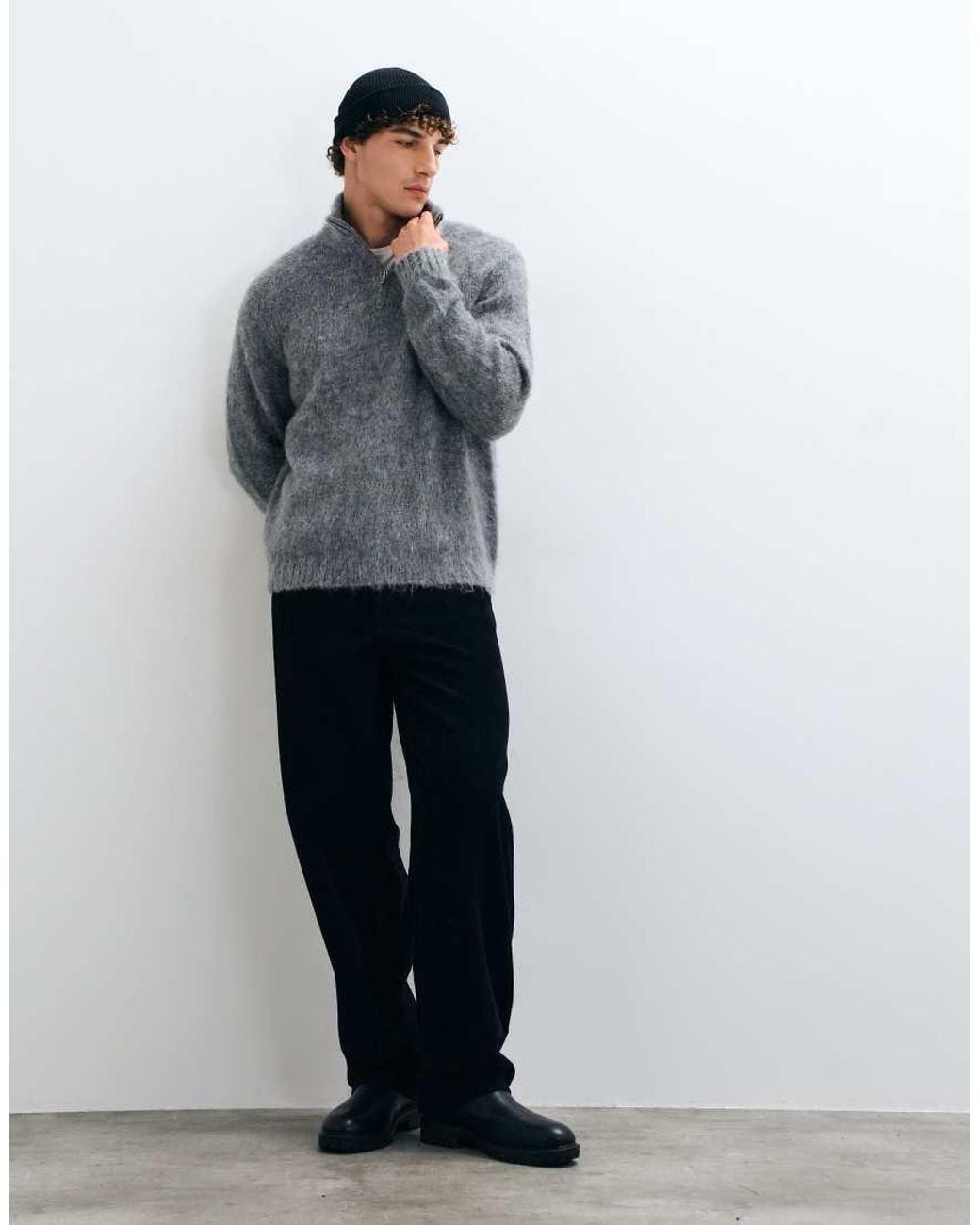 ASOS Gray Oversized Knitted Half Zip Sweater for men