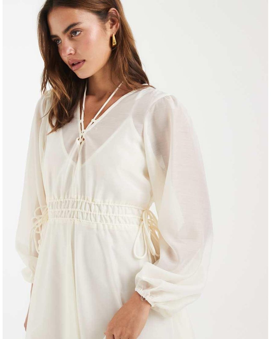4th & Reckless White Chiffon Tie Front Balloon Sleeve Asymmetric Floaty Hem Midaxi Dress