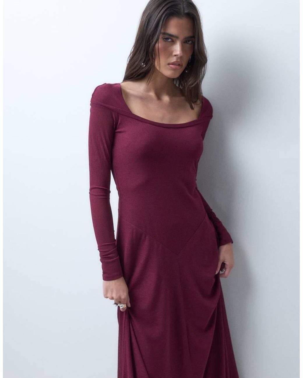 ASOS Purple Long Sleeve Scoop Bardot Maxi Dress With Drop Waist