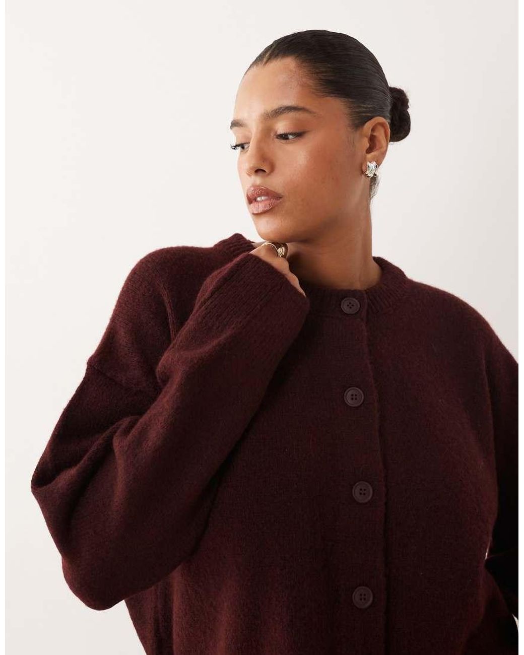 ASOS Brown Asos Design Curve Boxy Crew Neck Cardigan With Side Slit Detail