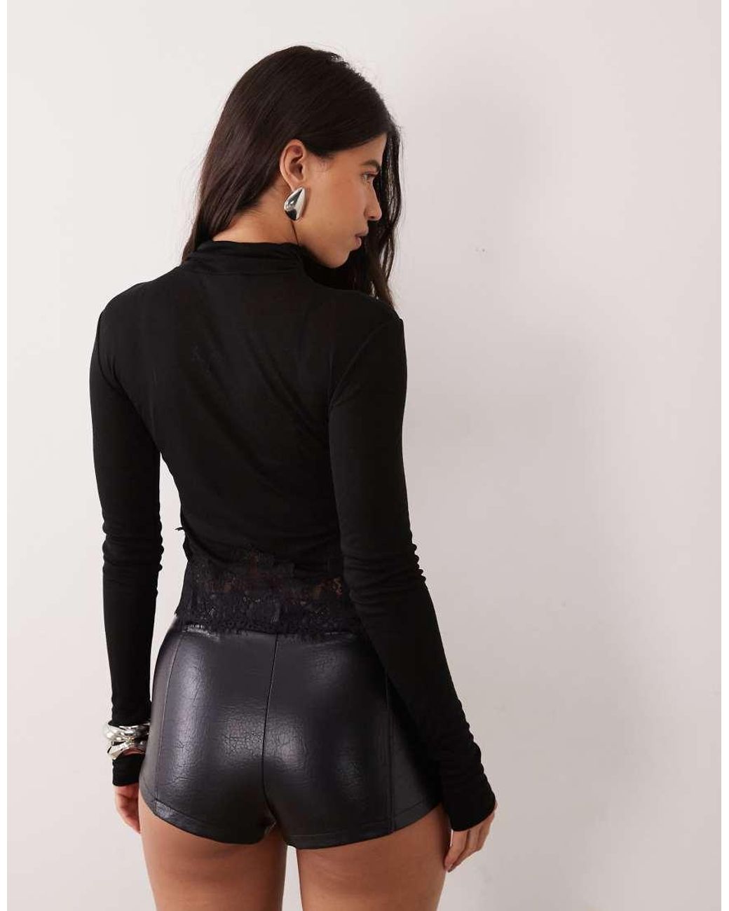 Noughts & Kisses Black Tala Wool Feel Sheer Mesh High Neck Lace Eyelash Trim Top