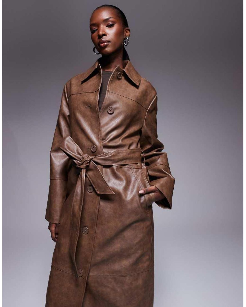 The Frolic Brown Exclusive Leather Look Button Through Belted Maxi Coat