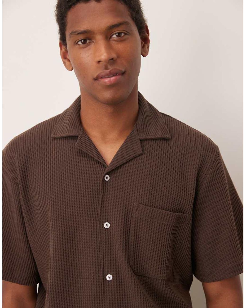 SELECTED Brown Co-ord Revere Collar Waffle Shirt for men