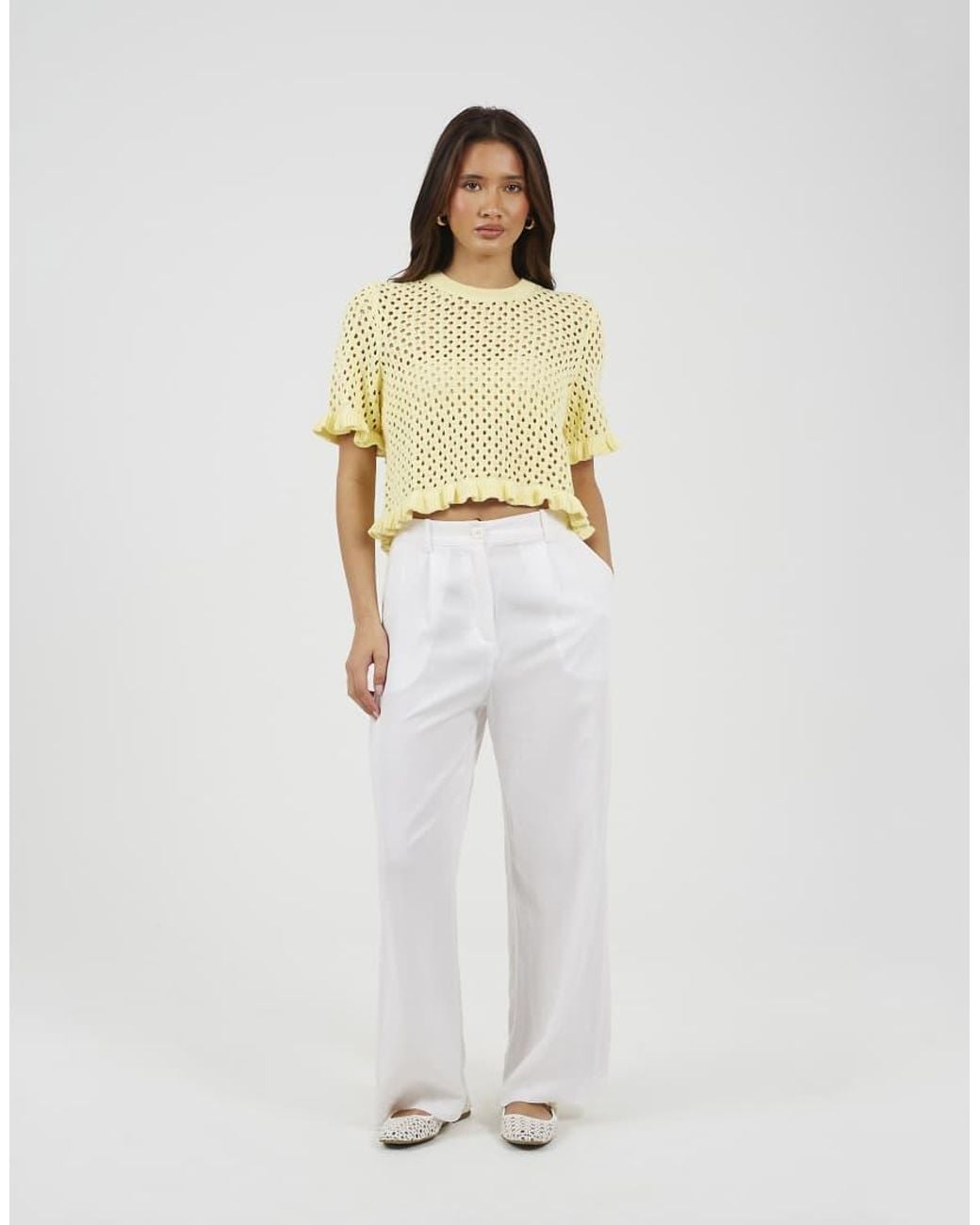 Brave Soul Metallic Open Knit T Shirt With Frill Hem