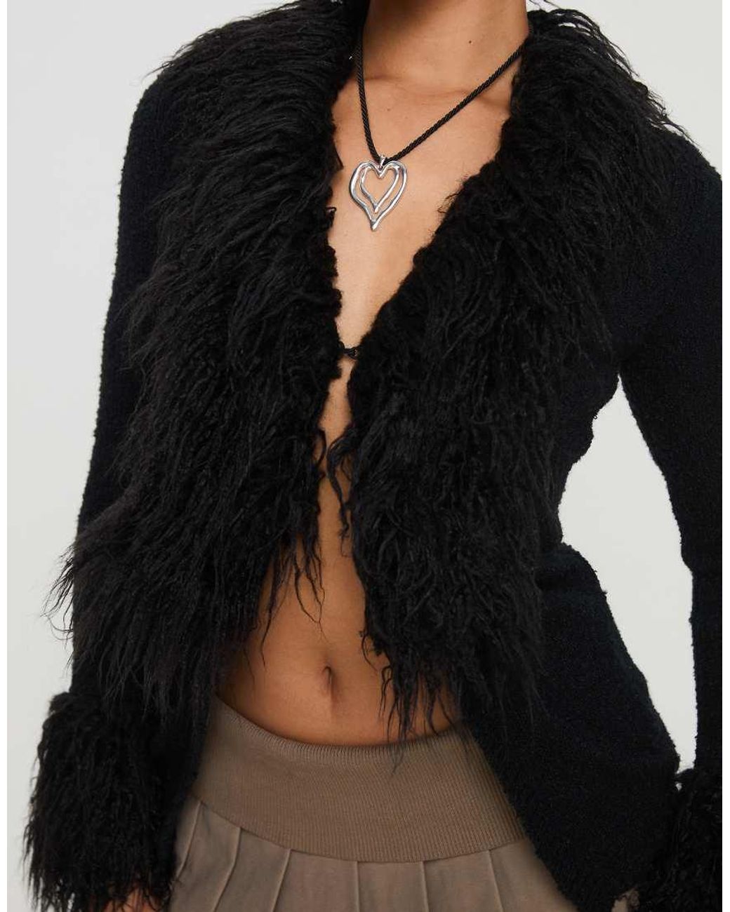 Princess Polly Black Sistine Shaggy Faux Fur Trim Split Front Cardigan
