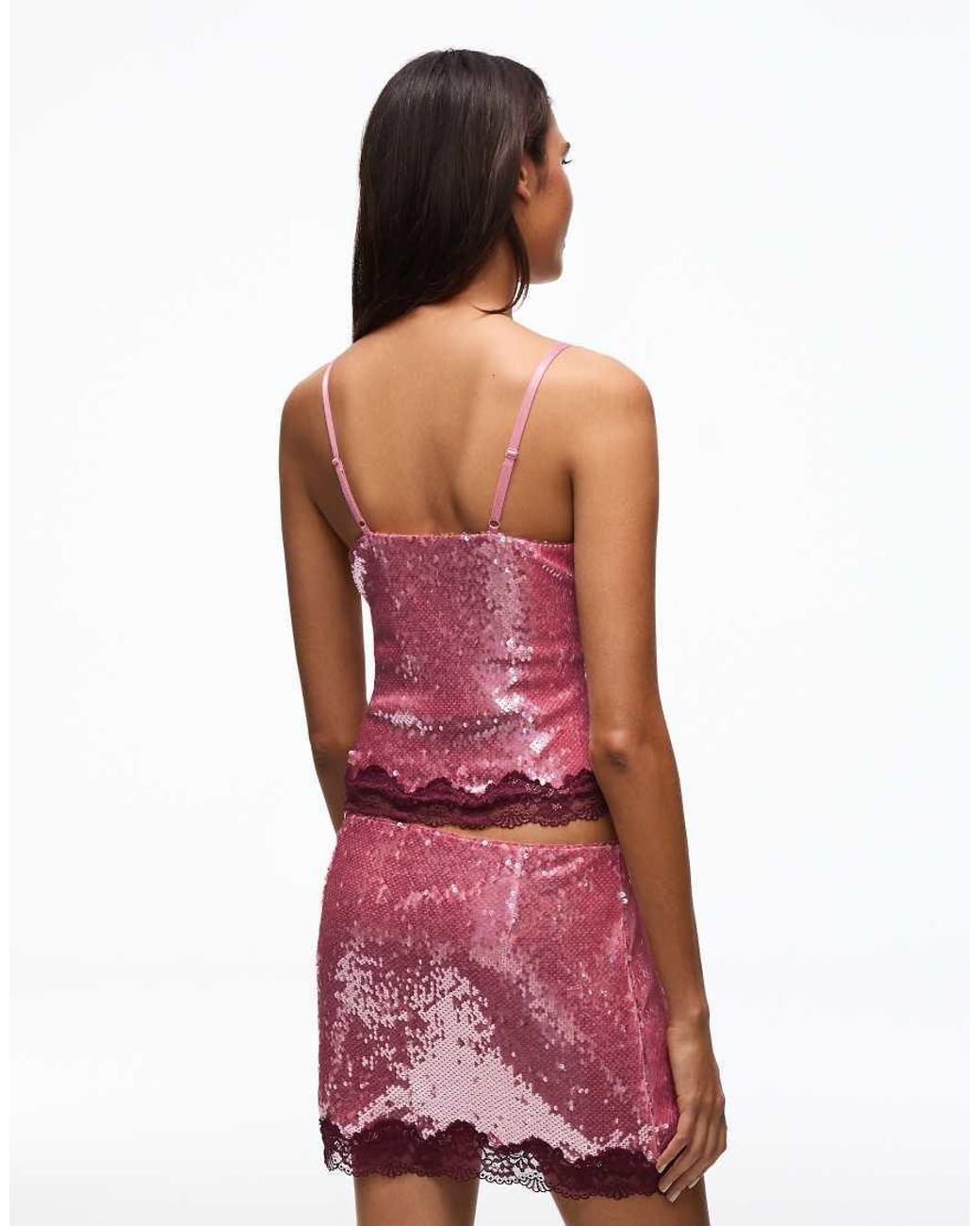 Bershka Red Sequin Lace Thin Strap Top