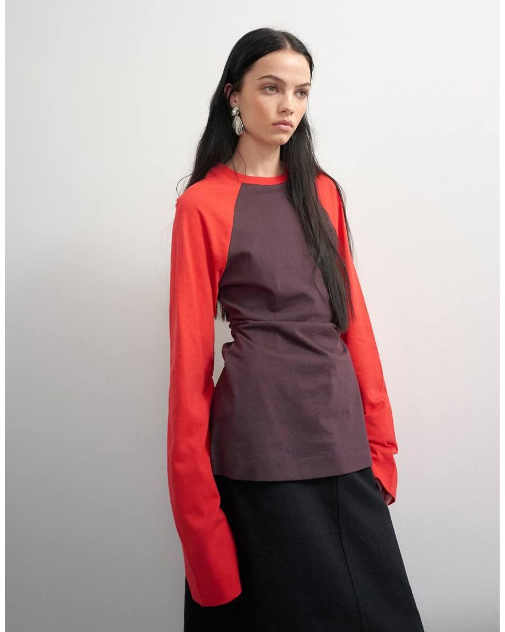 TOPSHOP Red Colour Block Cinched Waist Long Sleeve Raglan T-Shirt