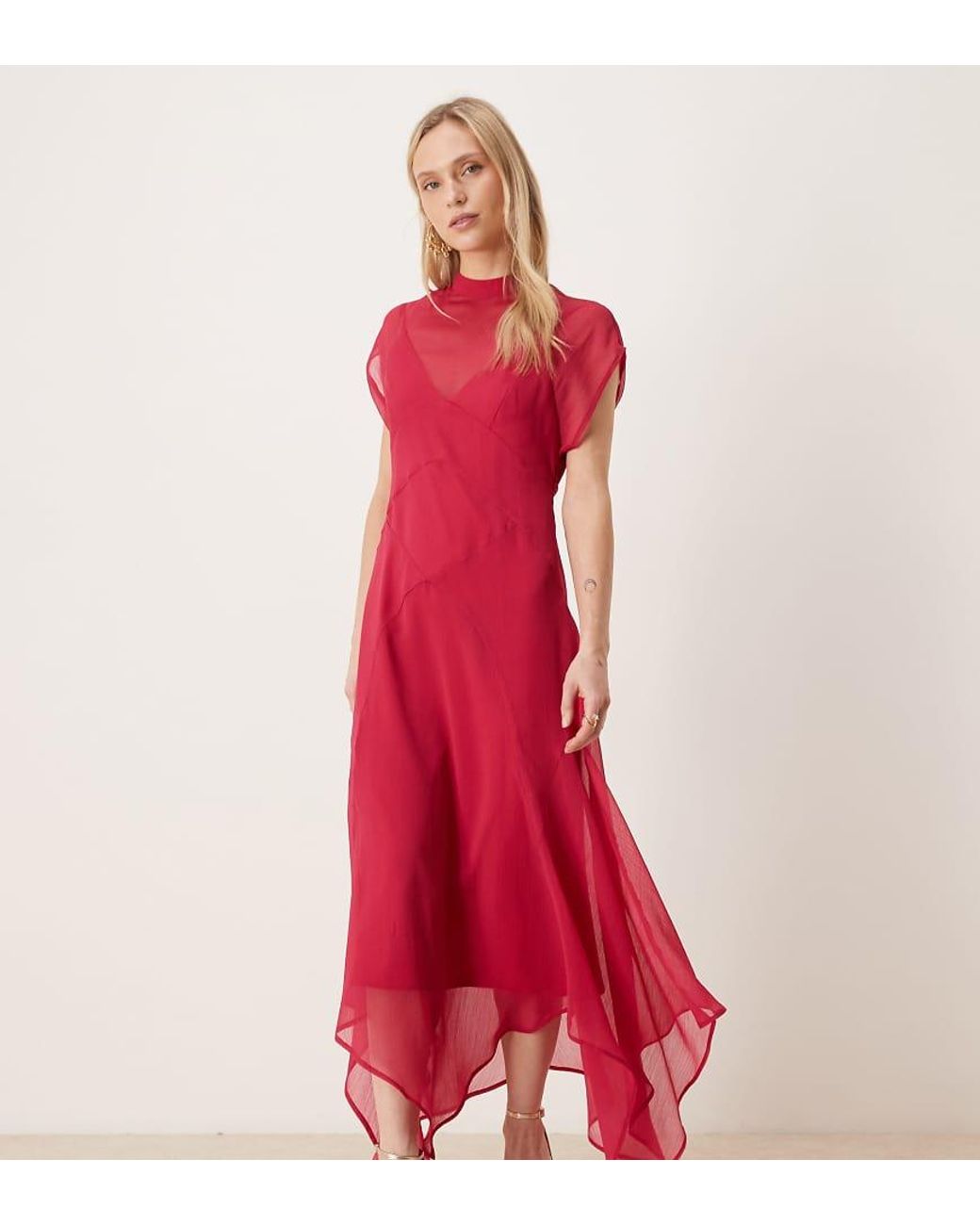 ASOS Red Asos Design Petite High Neck Hanky Hem Chiffon Maxi Dress