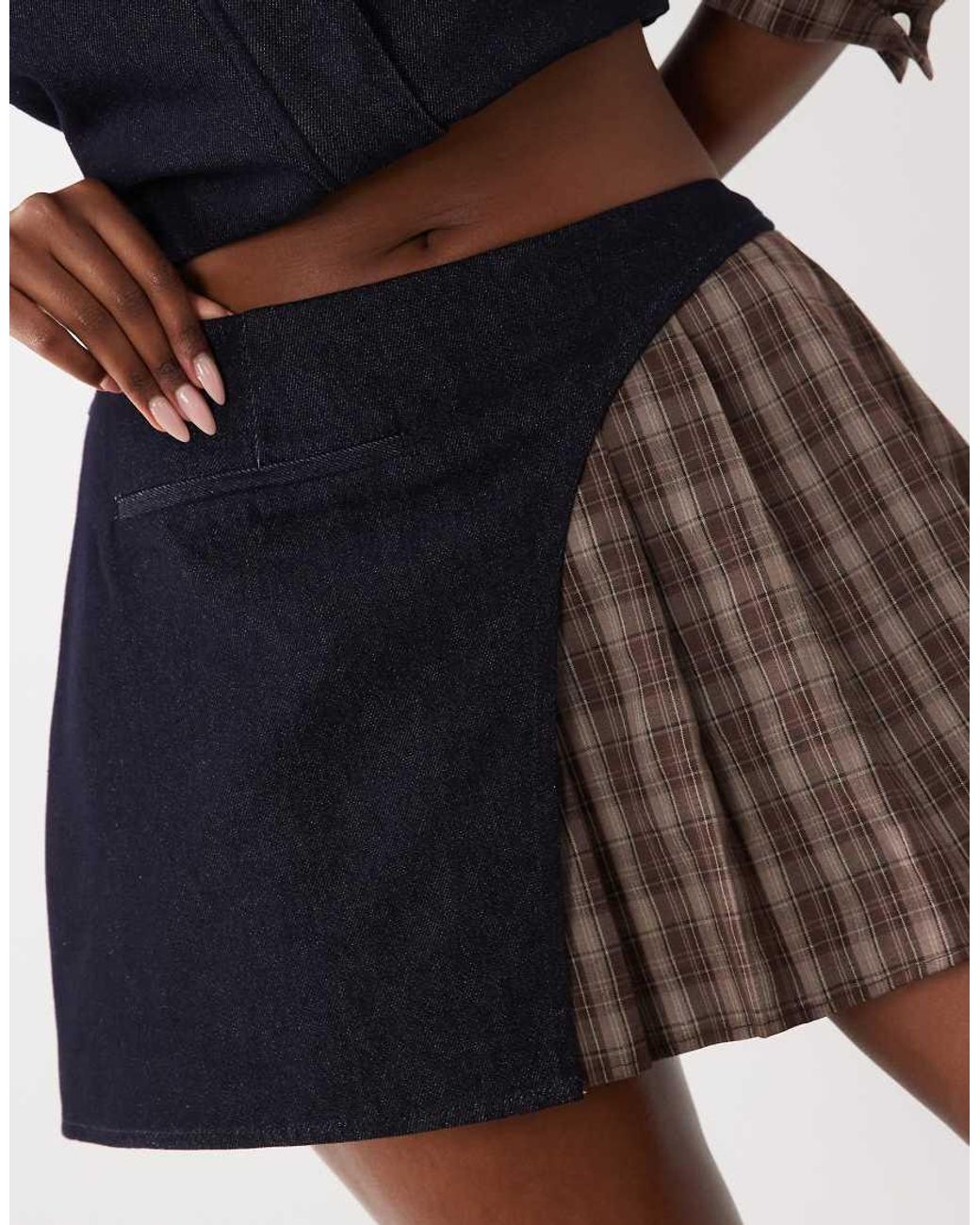 The Frolic Black Exclusive Denim Pleated Contrast Check Mini Skirt Co-Ord