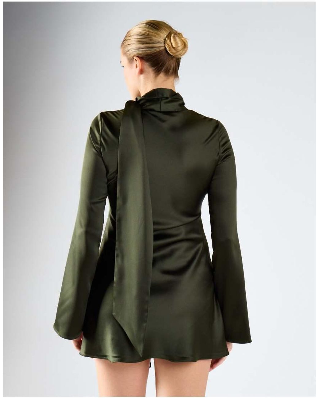 Glamorous Green Long Sleeve Mini Dress With Scarf Detail