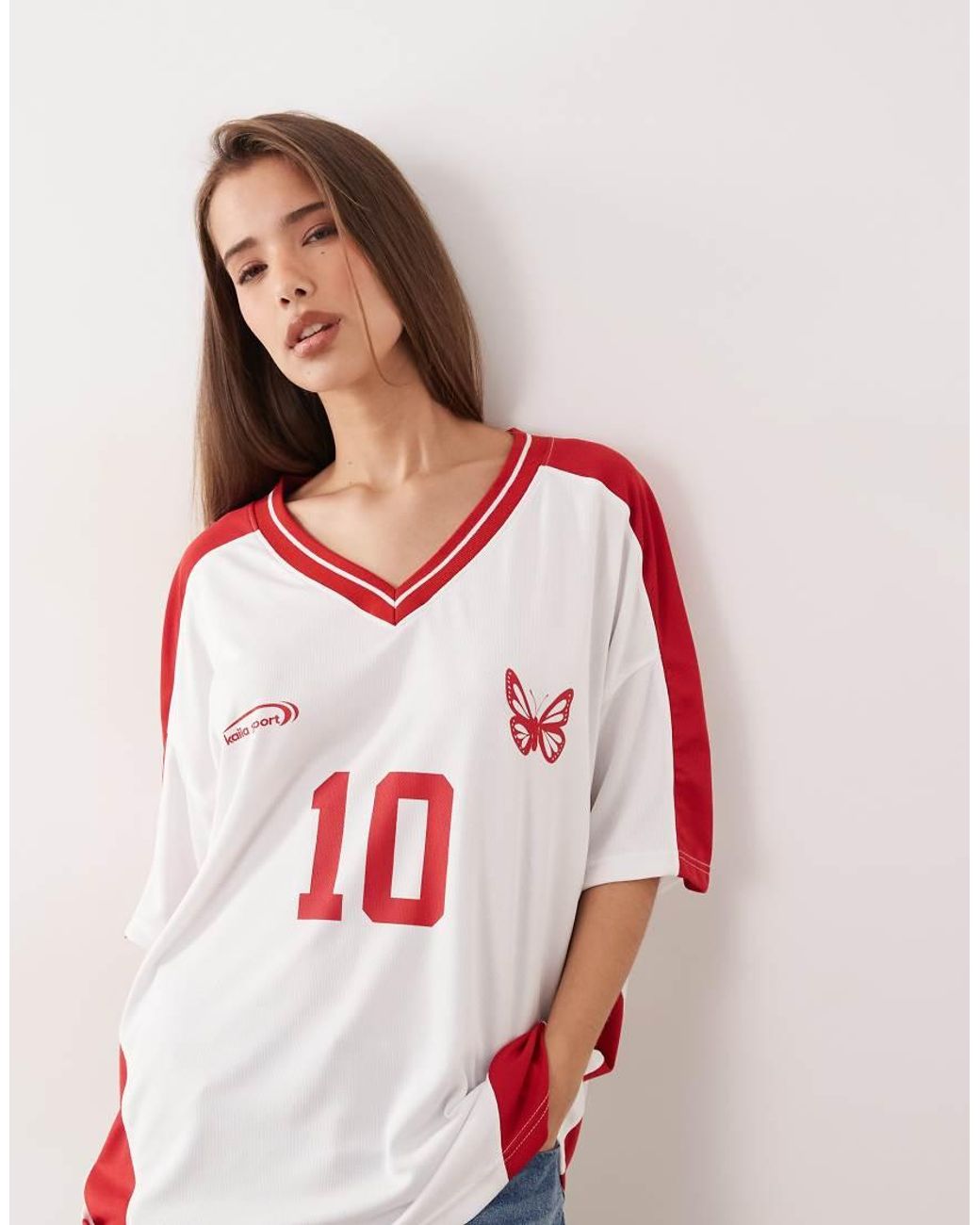 Kaiia Red Exclusive Oversized V-neck Soccer Jersey