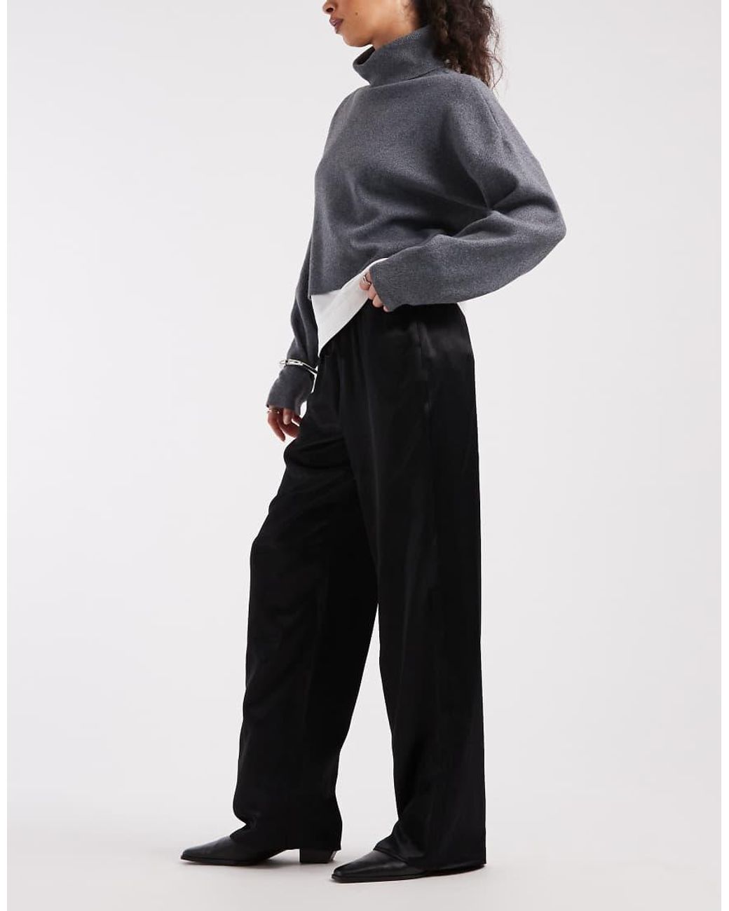 ASOS Gray Satin Wide Leg Pull On Trouser
