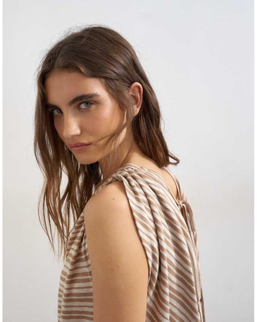 TOPSHOP Blue Stripe Linen Look Cowl Ruched Side Top