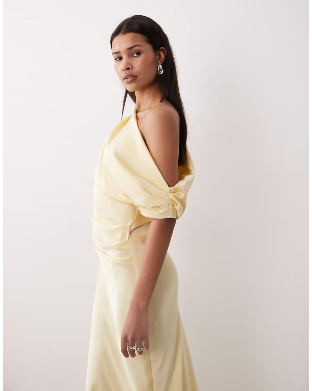 Gina Tricot Natural Draped Satin One Shoulder Maxi Dress
