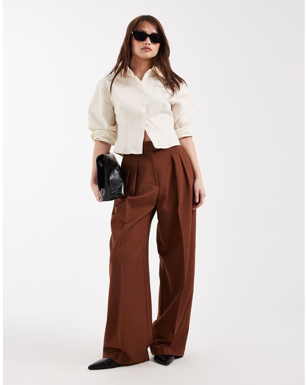 ASOS Brown Petite Tailored Wide Leg Trousers With Pleat Detail