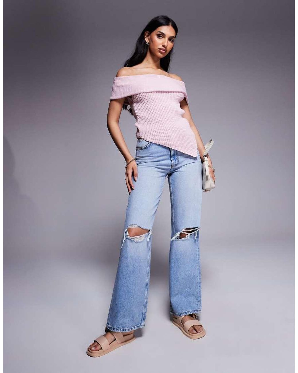 ASOS Gebreide Asymmetrische Top Met Blote Schouder in het Pink