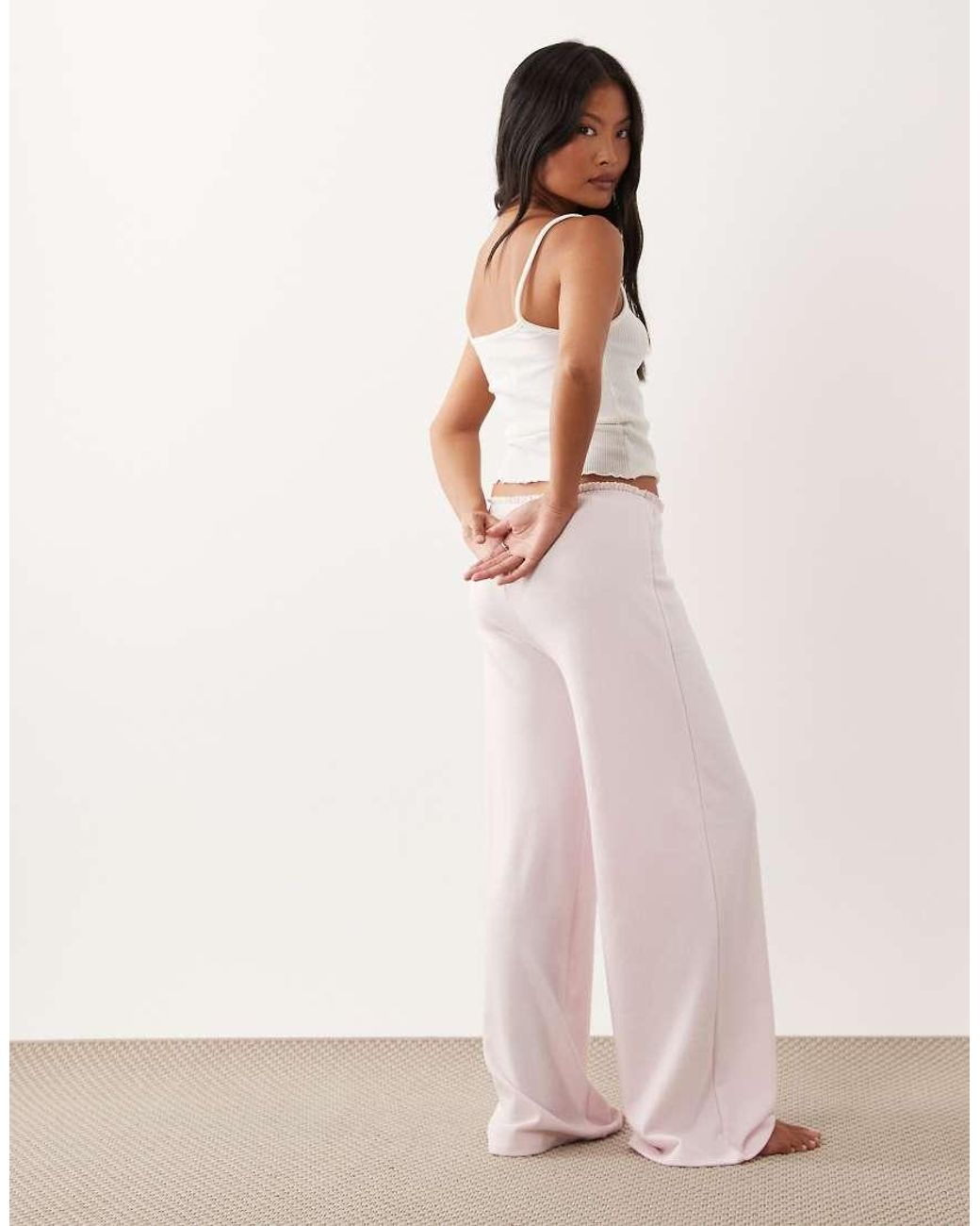 ASOS Pink Asos Design Petite Soft Jersey Wide Leg Pyjama Trouser With Floral Trim
