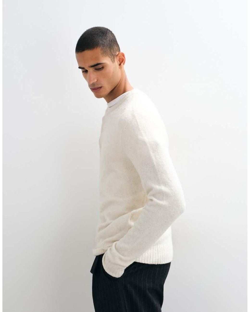 Brave Soul White Studio Knitted Henley Jumper for men