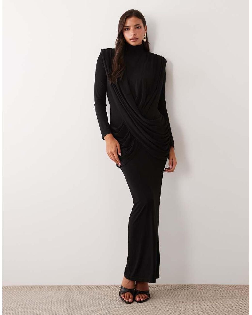 Ruched & Ready Black On My Level Sculpted High Neck Drape Front Maxi Dress