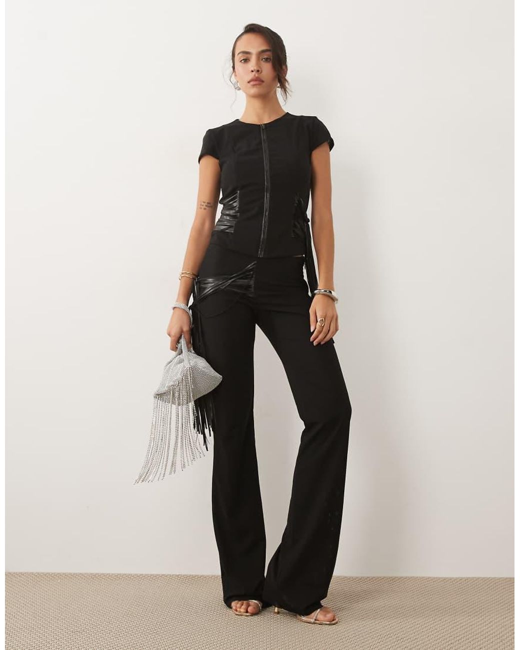 I.AM.GIA Black Iselda Sculpting Mesh Faux Leather Fringe Detail Zip Through Crop Top Co-Ord
