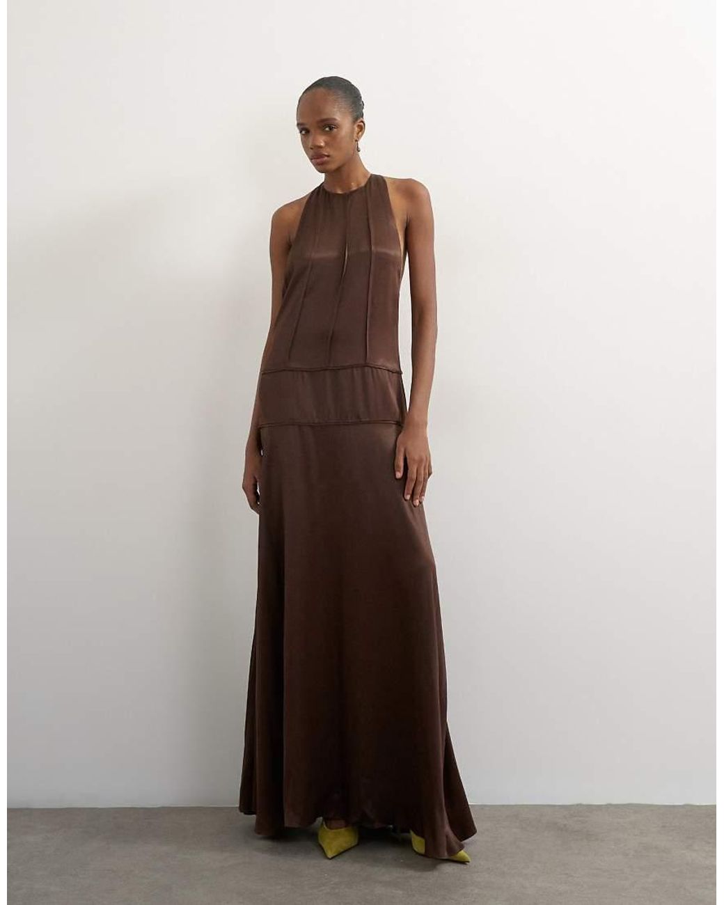 TOPSHOP Brown Satin Dropped Waist Low Armhole Maxi Dress