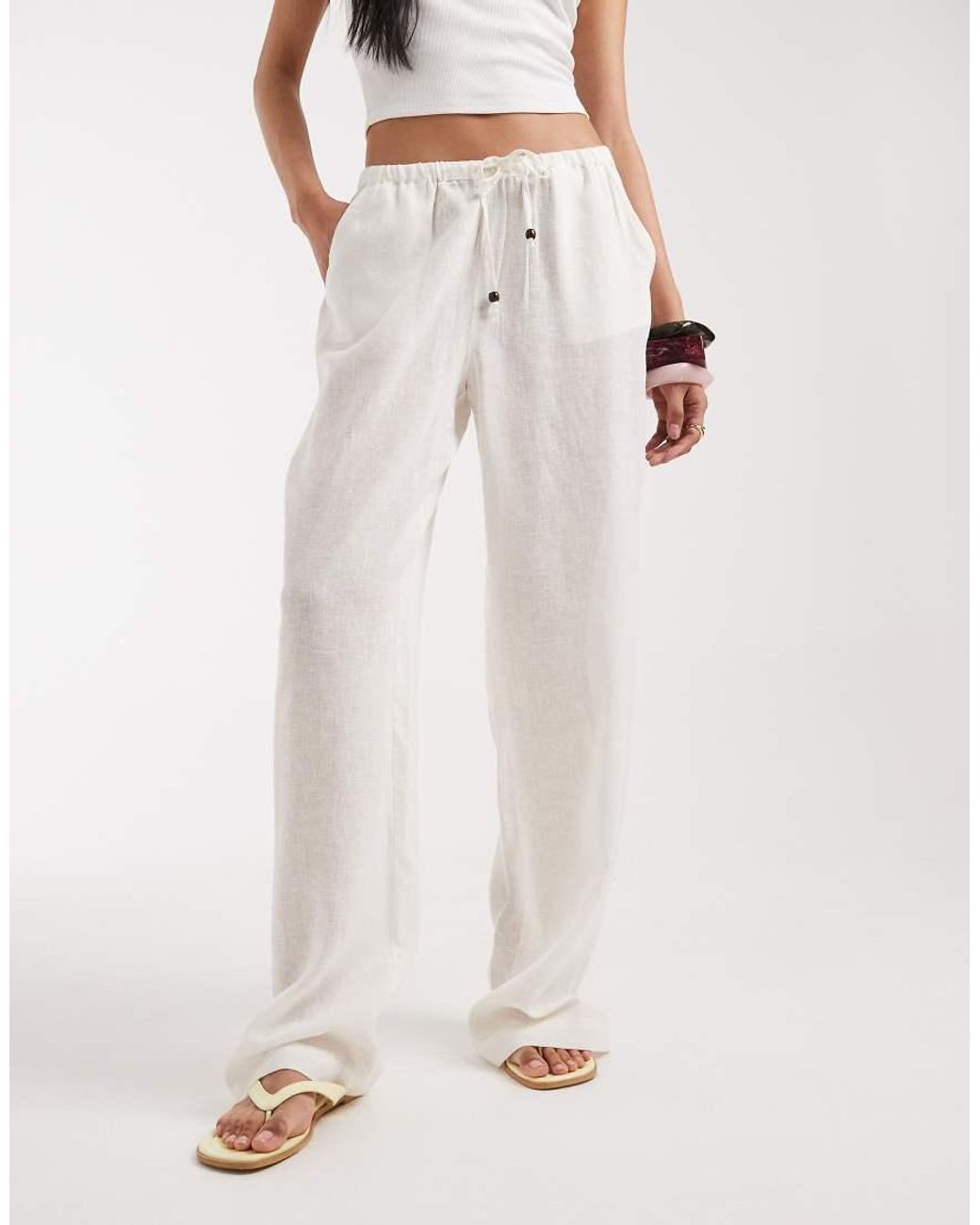 ONLY White Linen Blend Wide Leg Trouser