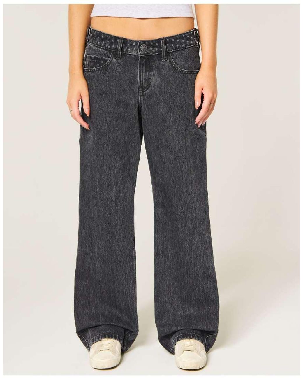 Hollister White Andi Adjustable Waist Low-Rise Washed Polka Dot Waist Baggy Jeans
